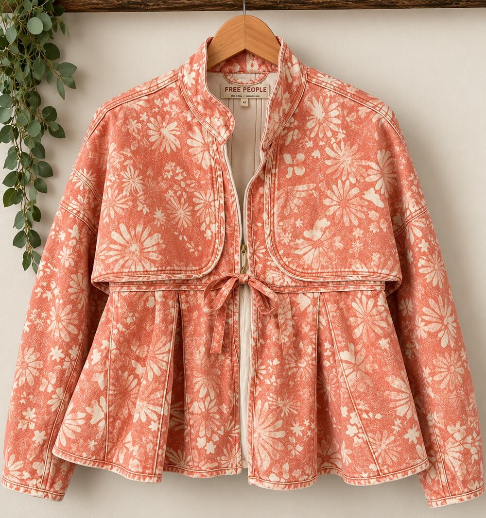 Free People Lua Bed Denim Jacket Apricot Combo Floral Peplum MINT LNWOT